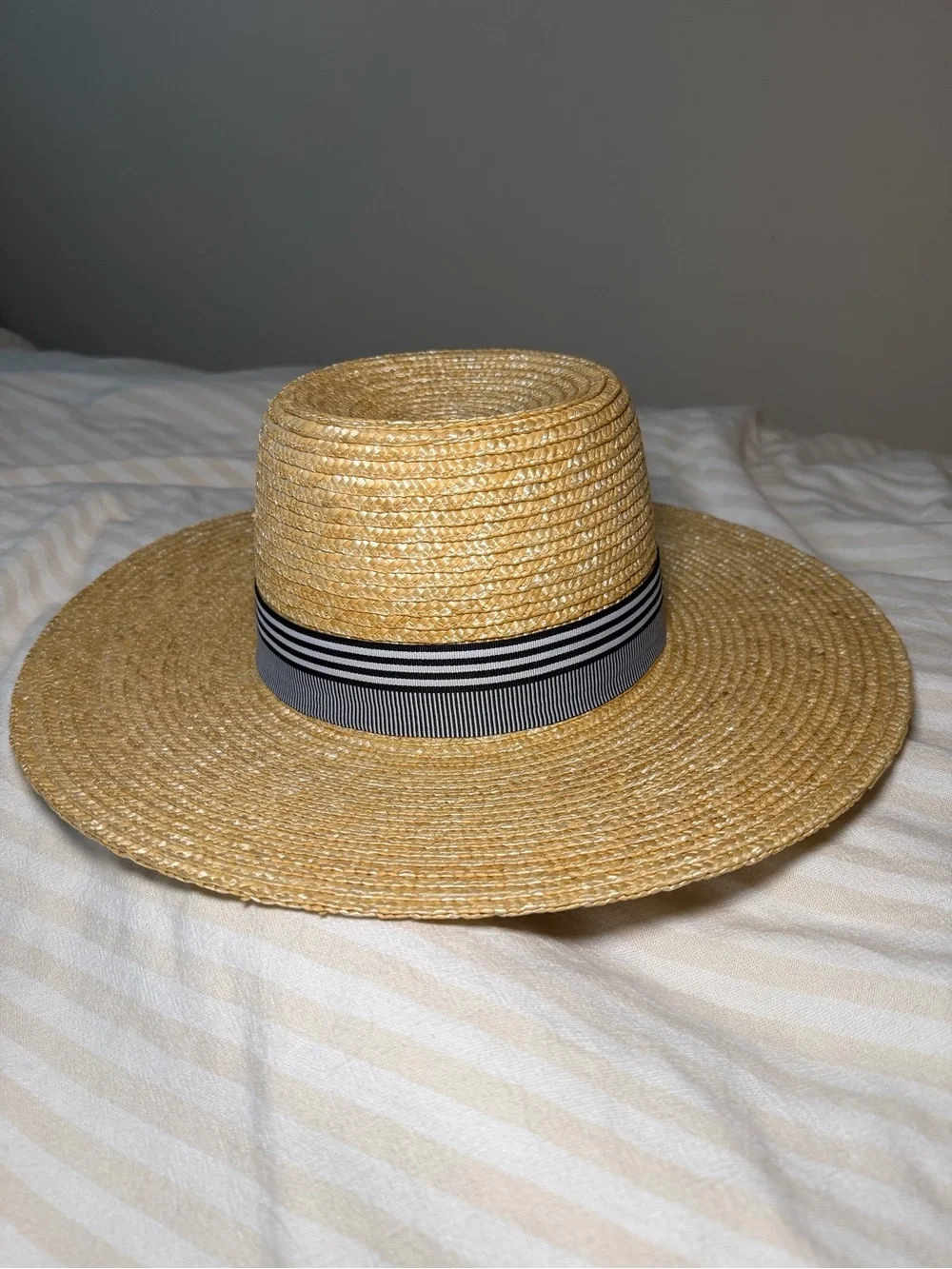 J Crew Flat Rim Hat with Black & White Band